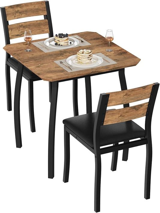 Small Dining Table Set for 2,3-Piece Kitchen Table Set with Thick Wood Grain Tabletop & 2 Upholstered Chairs & Metal Frame, Compact Table Set for Small Spaces, Kitchens & Dining Rooms (Brown)