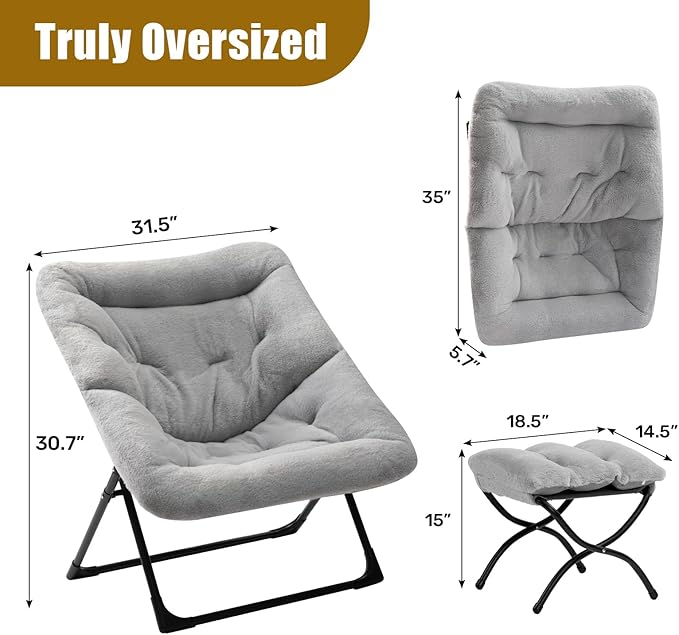 HollyHOME X-Large Saucer Chair with Foldable Ottoman, Comfy Oversized Folding Chair and Folding Footrest Stool Set, Faux-Fur Reading Chair and Footstool for Living Room, Bedroom, Grey Chair&Stool