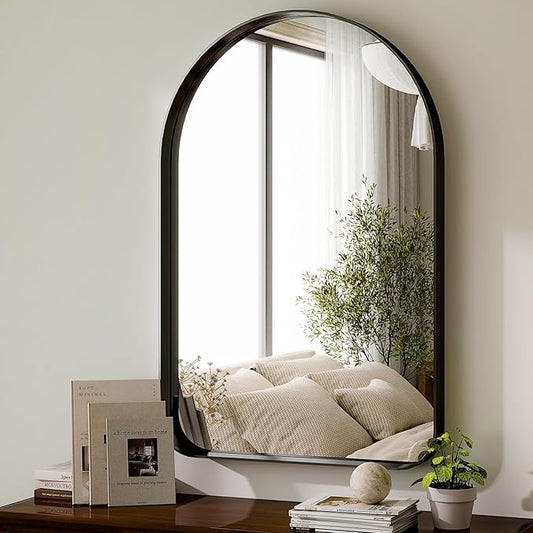 GLSLAND 26”x38“ Black Arched Bathroom Mirror - Aluminum Alloy Framed Wall- Matted Wall Mirrors for Bedroom, Entryway Mirrors for Wall