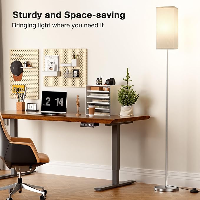 Ambimall Remote Control Floor Lamp, Stepless Dimmable, 64 Inches Tall, Include 9W Bulb, Standing Lamp for Living Room Bedroom Office (White & Sliver)