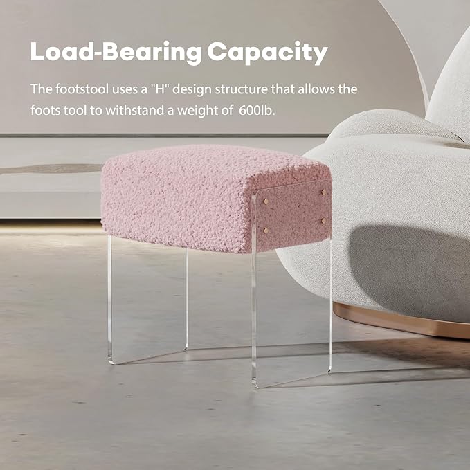 Vanity Stool Chair and Foot Rest -Modern Vanity Stool and Pouf Ottoman with Wool and Acrylic Leg for Makeup Room, Living Room, Bedroom Pink