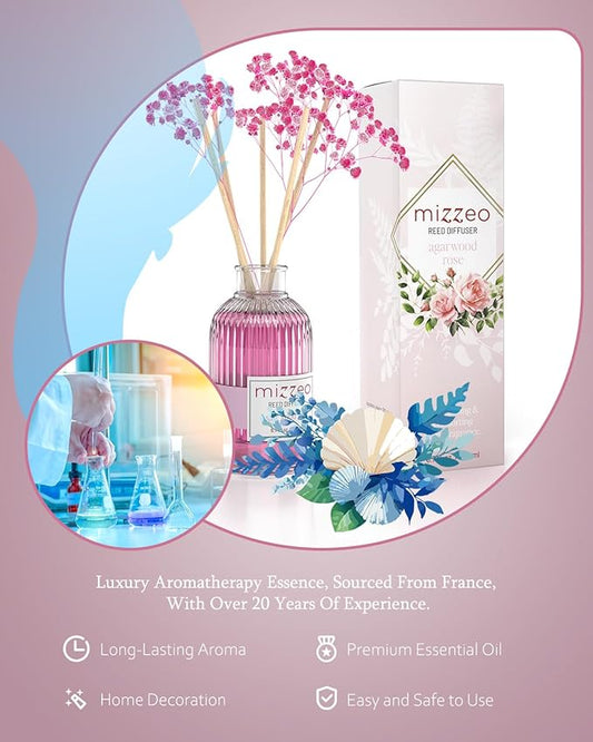 MIZZEO Reed Diffuser Set, Agarwood Rose 6.76 fl oz Highly Scented Room Diffuser Home Fragrance Essential Oil Reed Flower Diffuser, House Bedroom Office Decor & Gifts