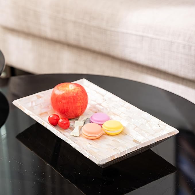 PEMAR 12"x7" Mother of Pearl Decorative Tray with Raised Edge for Coffee Table Perfume Living Room Kitchen Bathroom. Elegant Multipurpose Centerpiece Vanity, Fruit Display Serving Tray & Bowl