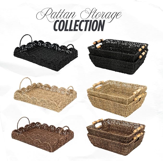 14" Handmade Wicker Tray with Scalloped Edge, Seagrass Basket with Handles, Decorative Boho Accent for Coffee Table or Ottoman, Holiday Serving