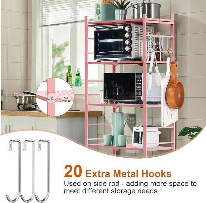Storage Shelves with 20 Hooks, 5-Tier Foldable Shelves for Storage, Folding Shelf Unit Pantry Shelves with Wheels, Standing Shelving Unit for Kitchen Garage Home Office Room Greenhouse, Pink