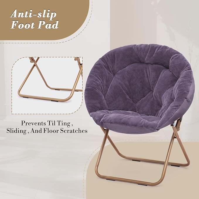 Athena Collection Saucer Chair with Ottoman - Modern Foldable Round Cozy Chair - Purple Faux Fur - 300 lbs Capacity - Ideal for Bedroom, Living Room, Gaming, Reading, Camping