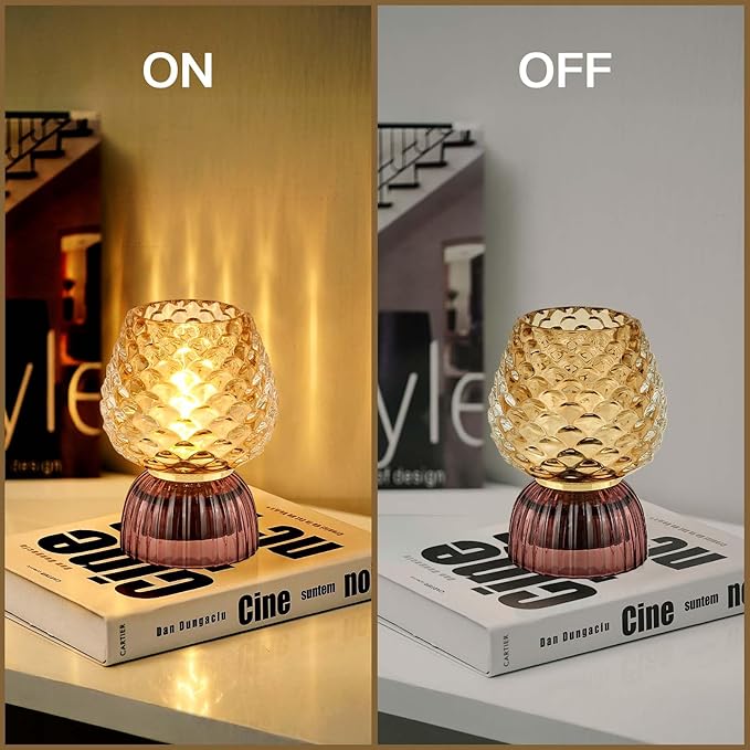 Battery Operated Lamp with Timer, Cute Small Cordless Glass Table Lamp for Home Decor, Kitchen, Bathroom, Birthday Gift for Women, Pinecone, Amber, 2 Pack