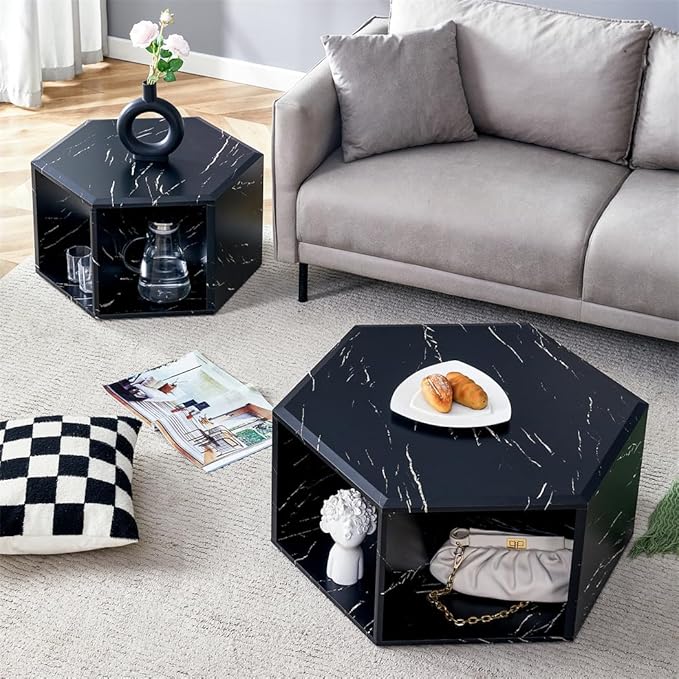 Faux Marble Coffee Table Set for 2, Modern Living Room Table Set, Black Center Table Set, No Assembly Required - Ready to Use