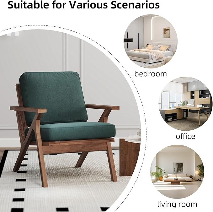 INZOY Mid-Century Modern Accent Chair Set of 2, Breathable Fabric Living Room Chair and Soft Thick Padded Armchair for Living Room Bedroom Reception with Removable Upholstered Cushions, Dark Green