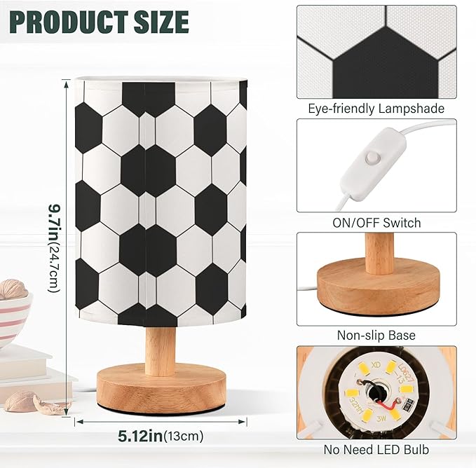Table Lamp Black and White Hexagon Soccer Ball Pattern Sport Design Nightstand Lamp with Wood Base Fabric Lamp Shade Bedside Desk Lamp for Living Room Bedroom Kids Room Office
