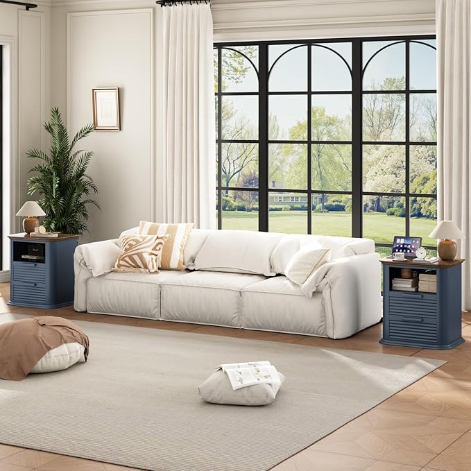 22'' Fluted Nightstand with Charging Station Set of 2, Modern End Table with 2 Drawers and Open Storage, Wood Side Table with Round Corner for Bedroom, Living Room, Curved Profile,Dark Navy Blue