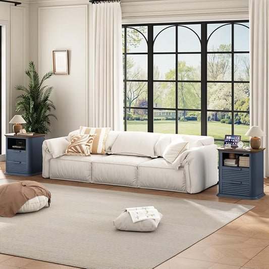 22'' Fluted Nightstand with Charging Station Set of 2, Modern End Table with 2 Drawers and Open Storage, Wood Side Table with Round Corner for Bedroom, Living Room, Curved Profile,Dark Navy Blue