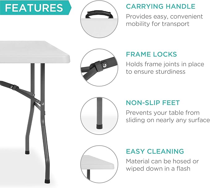 Best Choice Products 6ft Plastic Folding Table, Indoor Outdoor Heavy Duty Portable w/Handle, Lock for Picnic, Party, Camping - White