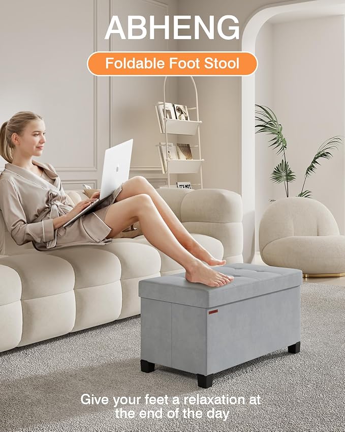Foldable Storage Ottoman Bench, Velvet Footrest and Seat Cube with Feet, Storage Chest, for Living Room, Bedroom and Office, 15 x 30 x 15.7 Inches, Dove Gray,ASND23G