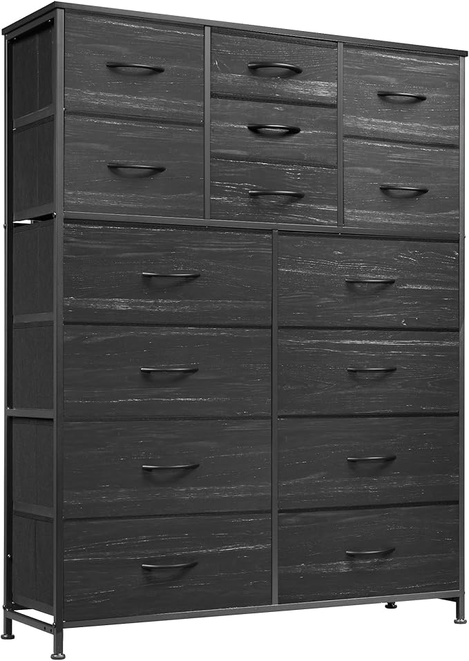 Tall Console Table with 15 Fabric Drawers, Entryway Table with Storage, Tall Storage Organizer with Wood Top, Steel Frame for Living Room, Hallway, Office, Charcoal Black Wood Grain Print