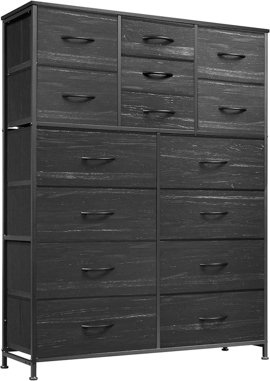 Tall Console Table with 15 Fabric Drawers, Entryway Table with Storage, Tall Storage Organizer with Wood Top, Steel Frame for Living Room, Hallway, Office, Charcoal Black Wood Grain Print