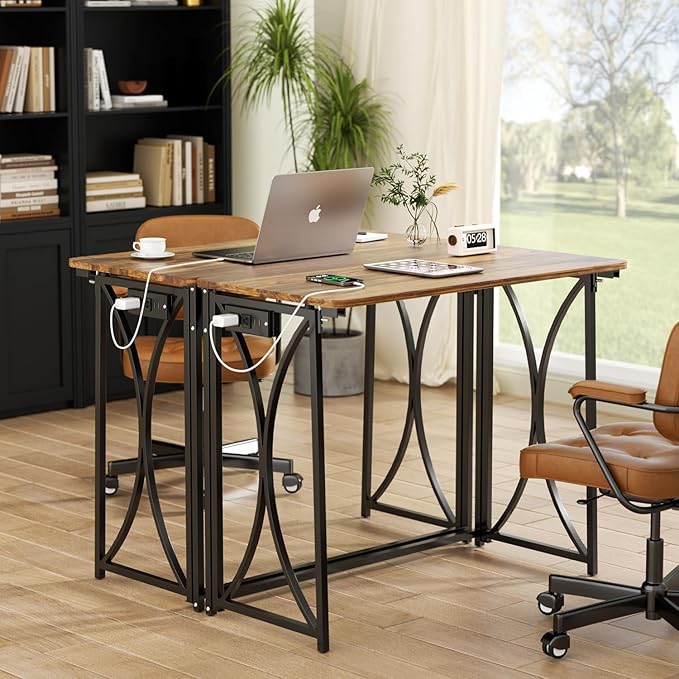 Small Desk, 31.5" Folding Table for Bedroom with Power Outlet, Space Saving Folding Computer Desk for Home Office, Easy Assembly, Brown