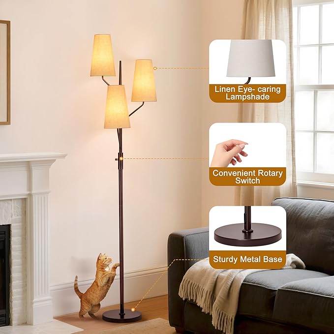 Floor Lamp for Living Room, 70" Tall Farmhouse Standing Lamp with Linen Shades, Industrial Rustic Tree Floor Lamps for Bedroom, Office and Dining Room(Bulb Not Included)