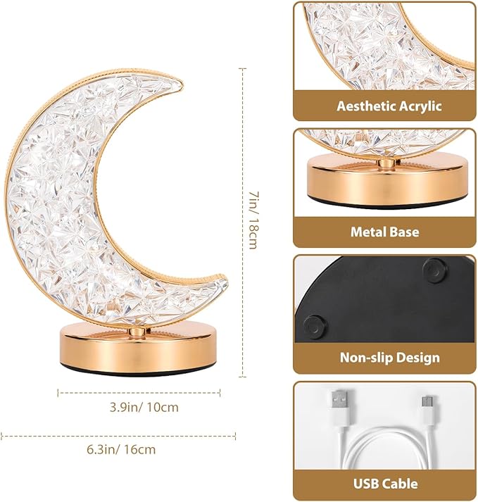Lewondr Crescent Moon Table Lamp, Stepless Dimmable Touch Lamp with 3 Colors, Rechargeable Night Light with USB Port, Ramadan Moon Light Bedside Lamp for Nightstand Desk Bedroom Living Room Home Decor