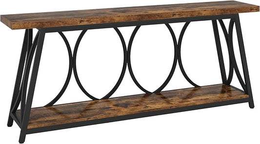 JIKONG 70.9" Industrial Console Table with Shelves — 2-Tier Rustic Metal Sofa Table, Heavy Duty Storage Shelf for Living Room, Office, Entryway (Rustic Brown)