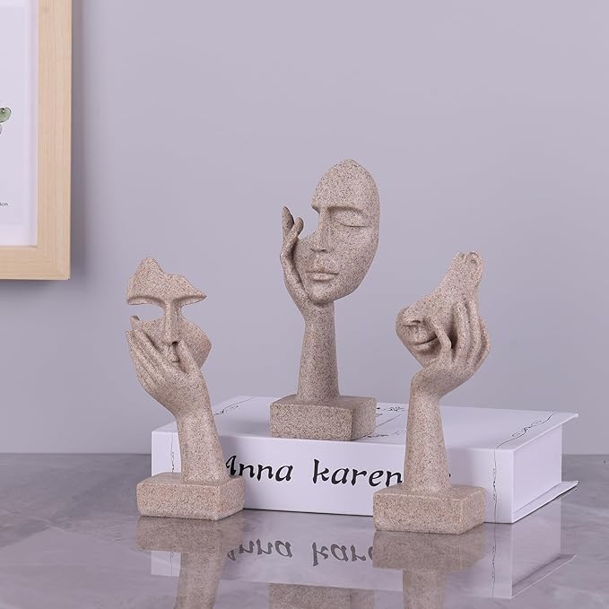 3 Pcs Thinker Small Statue Set - Art Resin Abstract Home Accent Figurines for Decor Woman Apartment Bookshelf Floating Shelf Coffee Table Office Desk Counter Decor (3 Pcs Sandstone, 6")