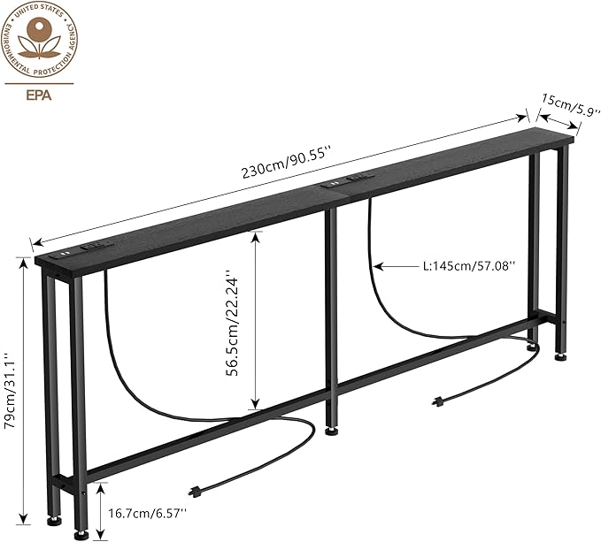 90" Narrow Sofa Table - 2 Power Outlets & 4 USB Ports, Metal Frame,Perfect for Hallway, Office, and Behind Sofa - Easy Assembly, 4.9ft Extension Cord Included Black