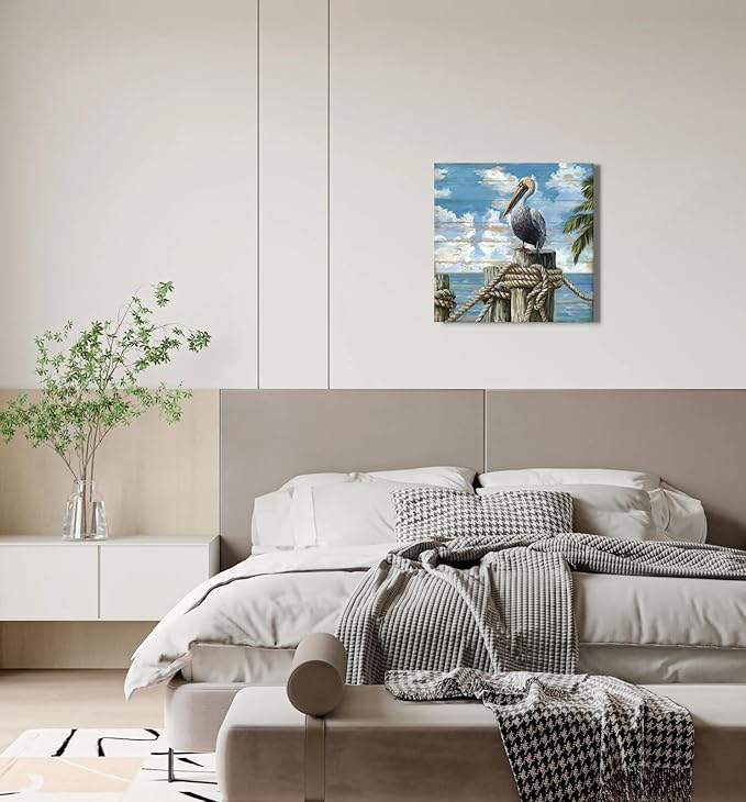 YUEYARIT Bathroom Decor pelican Wall Art Ocean Theme Blue sea Picture Canvas Print Modern Coastal Artwork Framed Hanging Dining Office Living Room