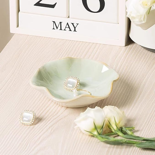 2Pcs Ceramic Jewelry Dish - Lotus Leaf Shape, for Ring Holder Necklace Small Key, Suitable for Mother Friend Sister, Gifts for Women, Cute Plate Trinket Tray, Home Decor (Green & White)