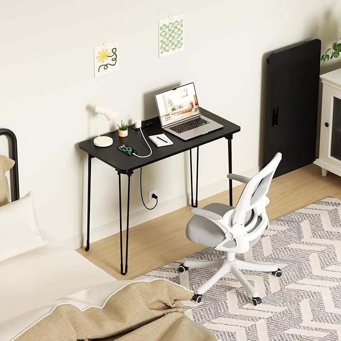 Folding Desk, 31.5" Hairpin Legs Small Desk with Power Strip for Bedroom, Space Saving Foldable Computer Desk for Home Office, No Assembly Need, Black