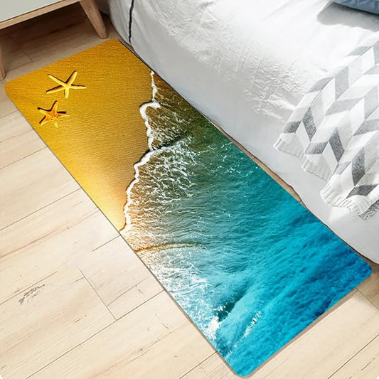 Bath Rugs Sponge Foam Absorbent Soft for Bathroom and Kitchen (24x71 inches), Flannel Mat Non Slip Bright 3D Print for Bedside and Living Room(Starfish Beach)