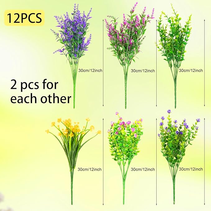 12 Bundles Artificial Flowers for Outdoors Decorations, Plastic Fake Flowers Colorful Faux Flowers Realistic UV Resistant for Garden Patio Porch Window Box Home Outdoor Decor (Mixed Flowers)