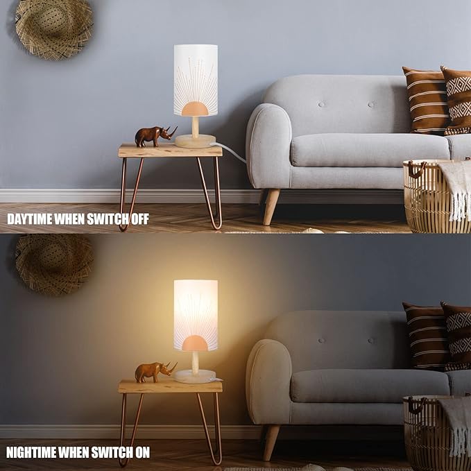 Bonuci Bedside Table Lamp for Bedroom Boho Desk Lamp Minimalist Bedside Desk Lamp 3W Sun Background Trendy Abstract Geometric Small Night Stand Lamp with Wood Base for Bedroom Living Room Desk Office