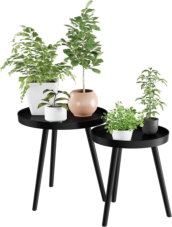 Nesting Side Tables - Set of 2 Round End Tables for Living Room, Bedroom, or Home Office - Accent Table Set with Tray Tops - Mid-Century Modern Living Room Furniture by Lavish Home (Black)