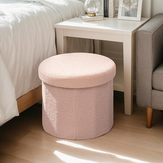15 Inchs Round Storage Ottoman, Small Foldable Foot Stool with Hidden Storage for Living Room, Bedroom-Pink