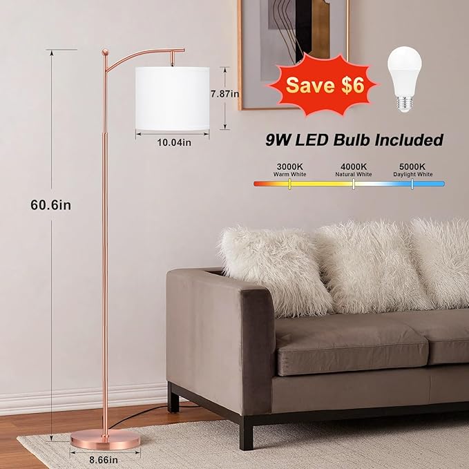 60" Floor Lamp With 3 Color Temperatures, Adjustable White Shade, Rose Gold Pole - Tall Lamp for Living Room, Bedroom, Office, Classroom, Dorm - 9W Bulb Included