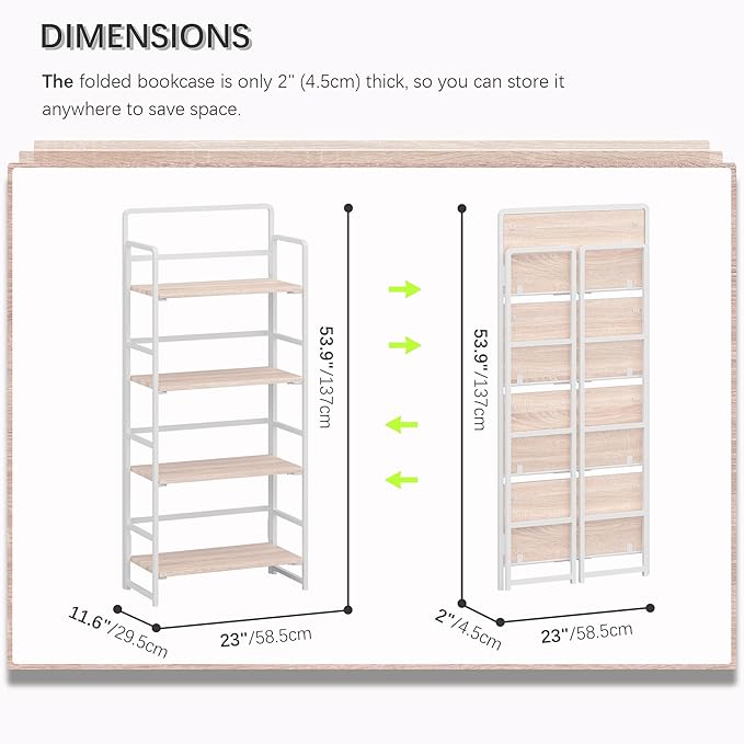 4NM No Assembly Folding Bookshelf, 4-Shelf 54" H Collapsible Foldable Bookcase Storage for Small Spaces, Natural White