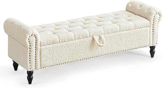 Furniliving 63” End of Bed Bench, Bedroom Bench with Button-Tufted, Large Upholstered Storage Ottoman Benches Entryway Bench with Storage Shoe Cabinet Bench, for Bedroom, Living Room, Faux Fur, White