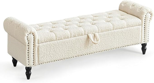 Furniliving 63” End of Bed Bench, Bedroom Bench with Button-Tufted, Large Upholstered Storage Ottoman Benches Entryway Bench with Storage Shoe Cabinet Bench, for Bedroom, Living Room, Faux Fur, White