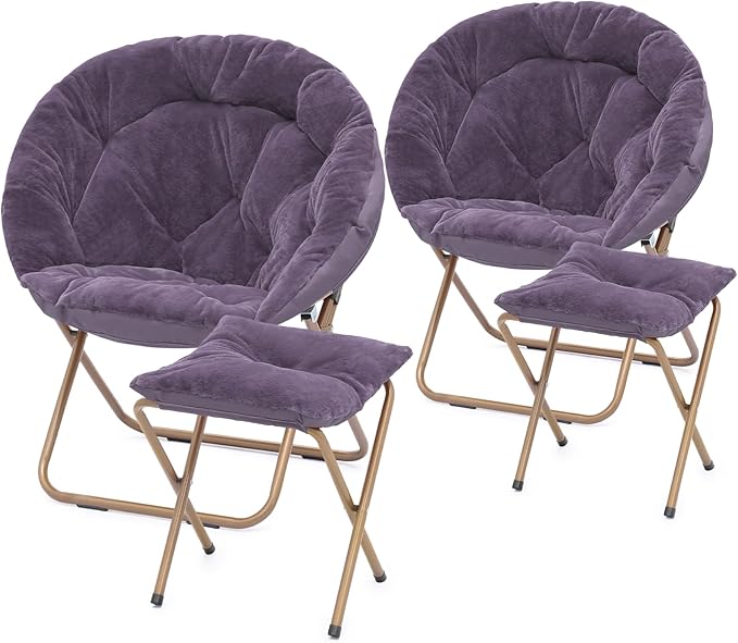 Athena Collection Saucer Chair with Ottoman - Modern Foldable Round Cozy Chair - Purple Faux Fur - 300 lbs Capacity - Ideal for Bedroom, Living Room, Gaming, Reading, Camping