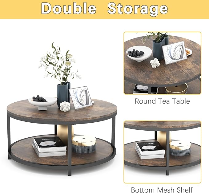 NSdirect 36 inches Round Coffee Table, Rustic Wooden Surface Top & Sturdy Metal Legs Industrial Sofa Table for Living Room Modern Design Home Furniture with Storage Open Shelf (Brown)