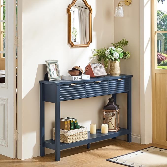 LEYAOYAO Fluted 47.2" Console Table with 3 Drawers, Modern Wood 2 Tier Entryway Table with Open Storage Shelf, Sofa Entry Tables Behind Couch for Living Room, Hallway, Entrance Foyer, Dark Navy Blue