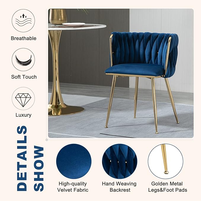NIOIIKIT Modern Velvet Dining Chairs Hand Weaving Accent Chairs Living Room Chairs Upholstered Side Chair with Golden Metal Legs for Dining Room Kitchen Vanity Living Room (Navy)