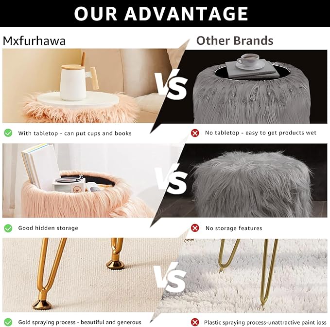 Mxfurhawa Faux Fur Storage Ottoman Round Furry Vanity Stool Marble Grain Tray Coffee Table Compact Footrest Stool with 4 Metal Legs Soft Makeup Seat Foot Stools Living Room Bedroom Entryway Champagne