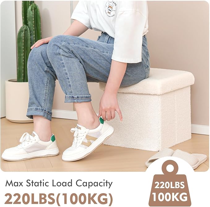 B FSOBEIIALEO Small Storage Ottoman Cube Sherpa Ottomans Foot Rest, Foldable Boucle Ottoman, Faux Teddy Fur, Cream White 12.6"x12.6"x12.6"