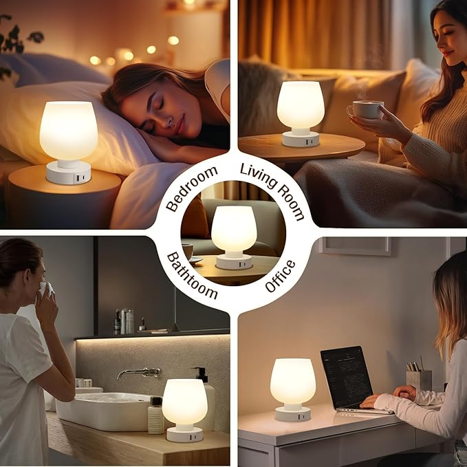 Touch Table Lamp for Nightstand - Bedside Lamp with USB C+A Charging Ports for Bedroom Living Room Night Stands, Desk Lamp with White Glass Shade for Small Spaces, 3 Way Dimmable, LED Bulbs, Gifts