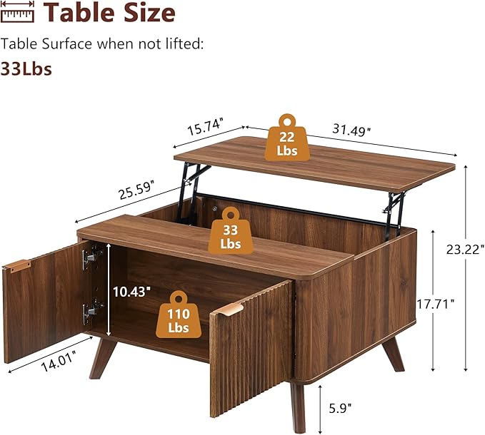 Fluted Lift Top Coffee Table with Large Hidden Compartment, 31.5” Wooden Center Table with Storage, Mid Century Modern Lift Tabletop Coffee Tables for Living Room Home Office, Walnut