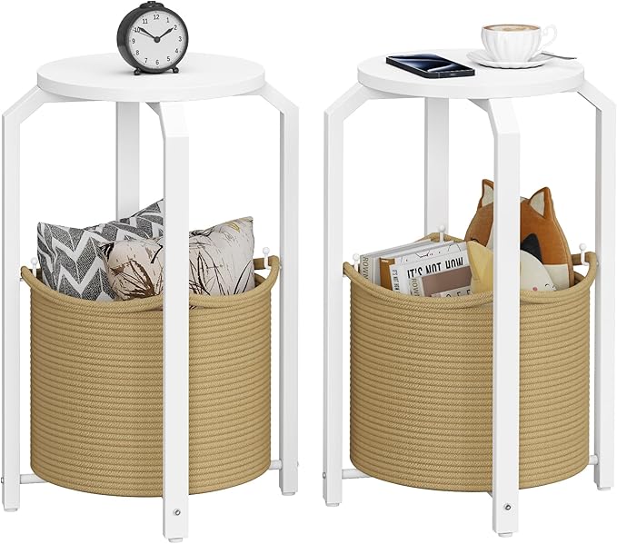 TUTOTAK Small Side Table, Round End Table, Night Stand, Bedside Table, Set of 2, Sofa Table with Storage Basket, Living Room, Bed Room, White and Beige TB01BWN0922