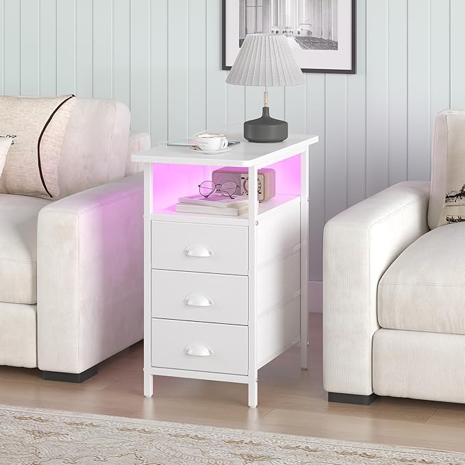 End Table with Charging Station,LED Side Tables with USB Ports and Outlets,Narrow Nightstands Bedside Tables with 3 Drawers PU Finish for Small Space,Slim Sofa Table for Livingroom,White