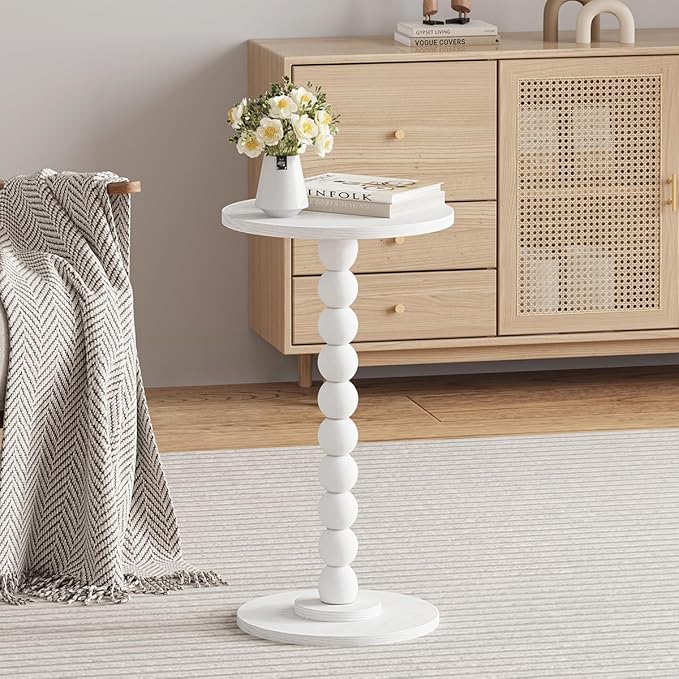 Round Side Table, Small Drink Table for Small Spaces, Pedestal End Table for Living Room, Modern Accent Nightstand with Solid Wood Leg for Bedroom, Corners and Office White Color UTBT005W