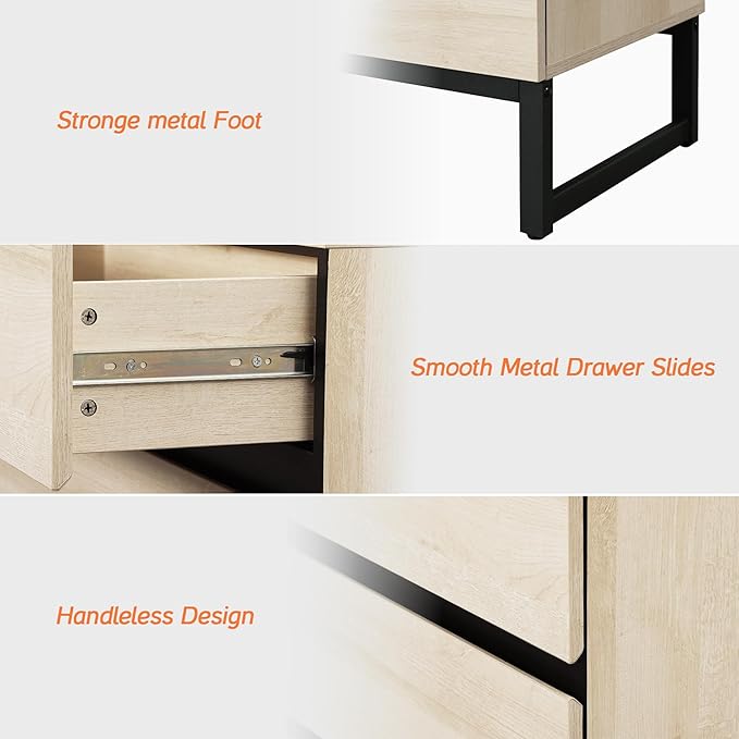 WAMPAT 2 Pack Modern End Table with 2 Drawers, Farmhouse Sofa Table with Black Square Iron Leg, Wood Rustic Side End Table for Living Room, Nighstand for Bedroom, Light Oak